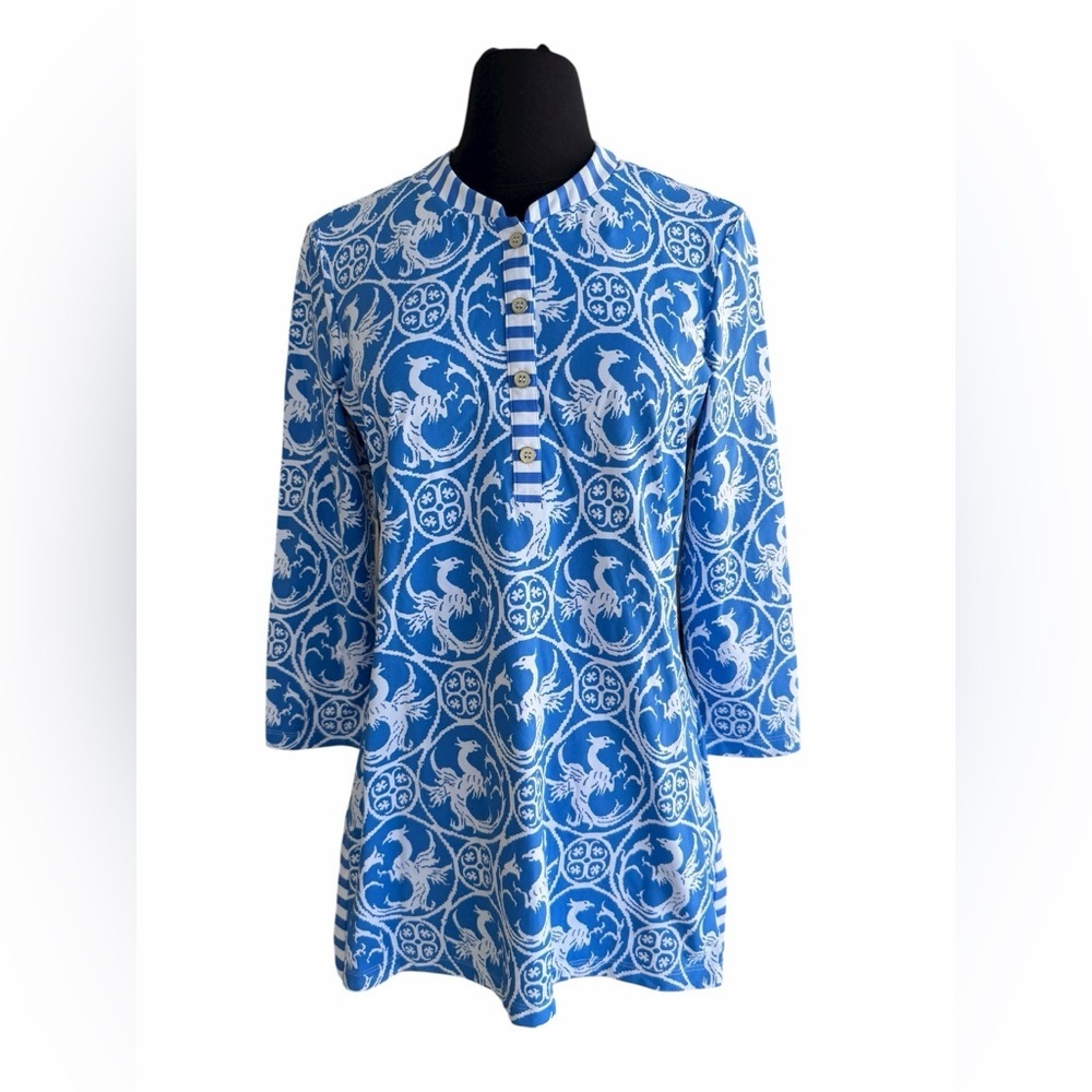 J.McLaughlin Phoenix Bird Print Tunic Top Blue White Small Resort Coastal Small